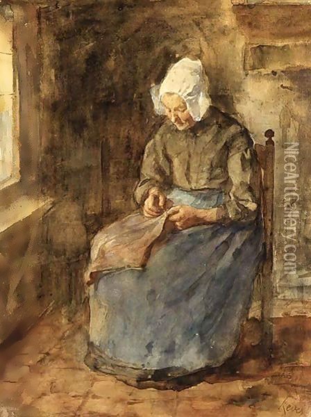 A Woman Sewing Oil Painting - Jacob Simon Hendrik Kever