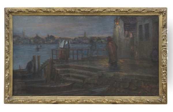 L'ora Di Notte, Traghetto Di Sottomarina Oil Painting - Giuseppe Carozzi