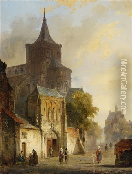 View Of A Medieval Town With A Romanesque Church Oil Painting - Cornelis Springer