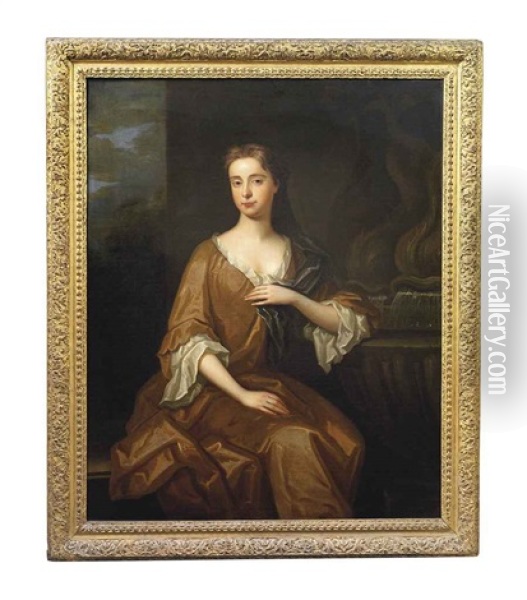 Portrait Of A Lady, Traditionally Identified As Mrs. Grace Butler, Three-quarter-length, In An Ochre Dress, Seated Beside A Fountain, A Landscape Beyond Oil Painting - Michael Dahl