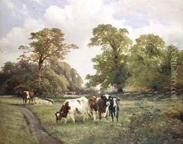 Cattle Grazing by a Path in a Wooded Landscape Oil Painting - James Duffield Harding