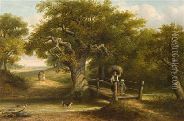 Mother And Child Crossing The Footbridge Oil Painting - Thomas Smythe