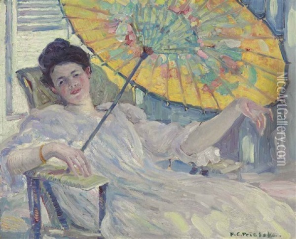 Woman With Parasol Oil Painting - Frederick Carl Frieseke