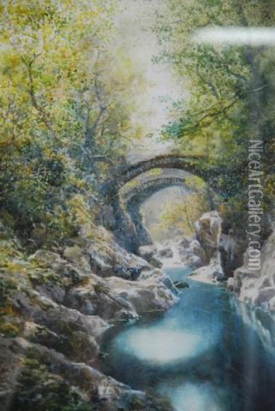 Bridge Over The Stream Watercolour Signed Asinclair Oil Painting - Alfred Sinclair