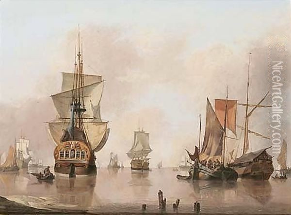 A Calm With Dutch Smalschips, A State Yacht And Other Shipping Vessels, Anchored Near A Shore Oil Painting - Jan van Os
