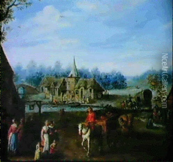 Reisende In Einem Dorf Oil Painting - Joseph van Bredael