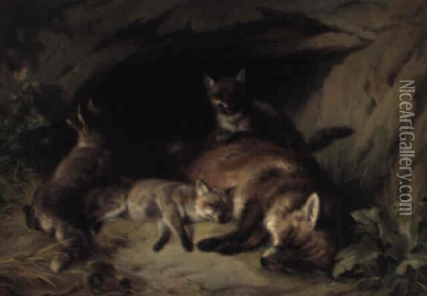 A Vixen And Her Cubs Oil Painting - Benno Raffael Adam