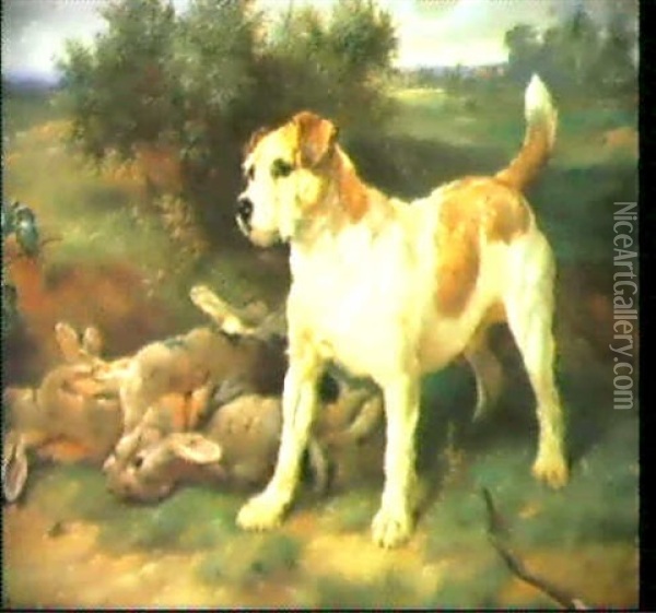 Vorstehhund Mit Hasen Vor Weiter Landschaft Oil Painting - Walter Hunt