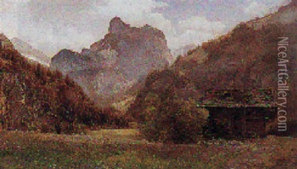 Bjerglandskab Med Traehus Oil Painting - Janus la Cour