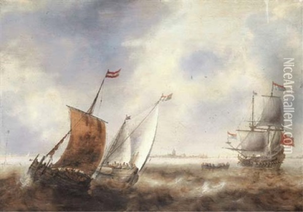 Two Smalschips In Stormy Waters With A Dutch Man Of War Off The Coast Of A Town Oil Painting - Jacob Adriaenz. Bellevois