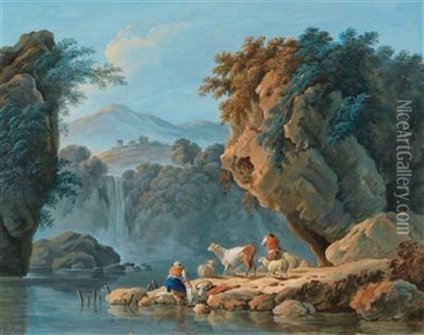 A Shepherd Couple In A Mountainous Landscape Oil Painting - Jean Baptiste Pillement