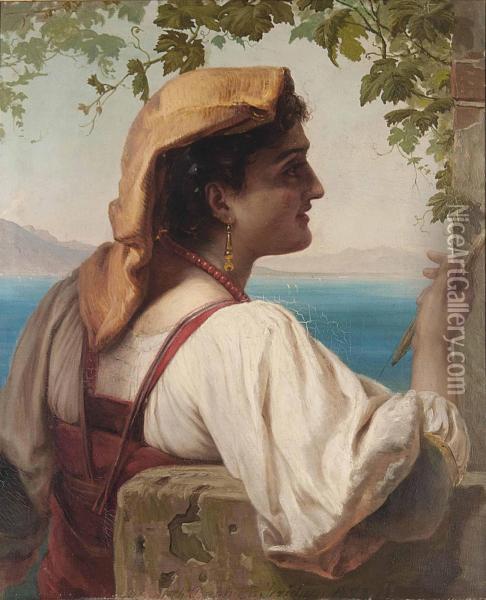 An Italian Maiden Mending Nets On The Bay Of Naples Oil Painting - Anna Maria Elisabeth Jerichau-Baumann