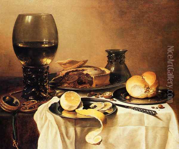 Breakfast Still Life With Roemer, Meat Pie, Lemon And Bread Oil Painting - Pieter Claesz.