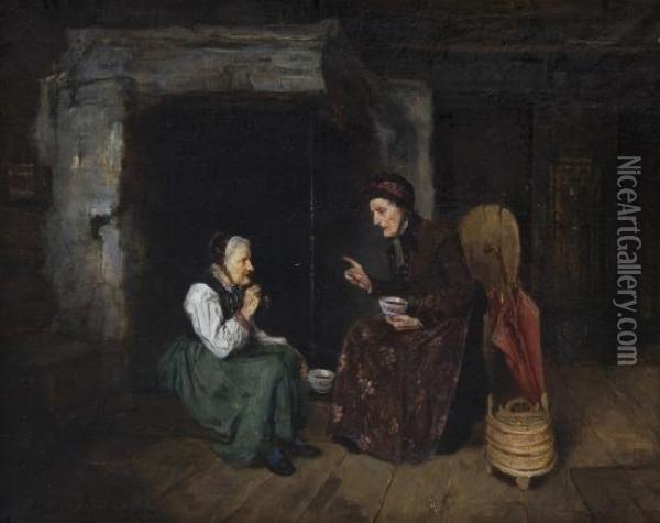 Two Women By The Fireplace Oil Painting - Mathilde Dietrichson