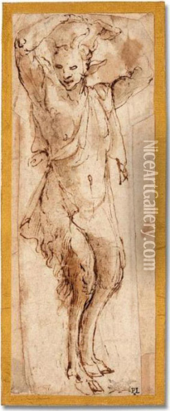 Study Of A Standing Satyr In The Pose Of A Caryatid Oil Painting - Annibale Carracci