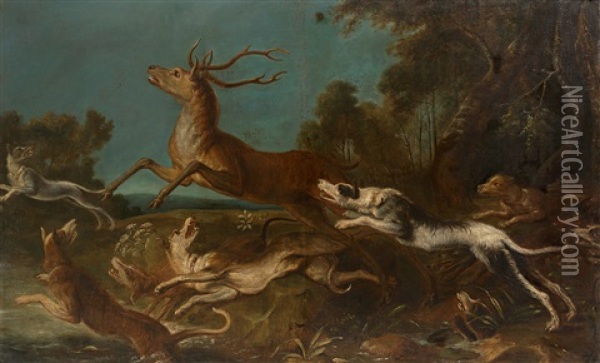 Hunde Hetzen Hirsche (pair) Oil Painting - Johann Elias Ridinger