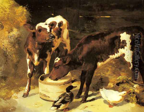 Calves Feeding Oil Painting - George W. Horlor