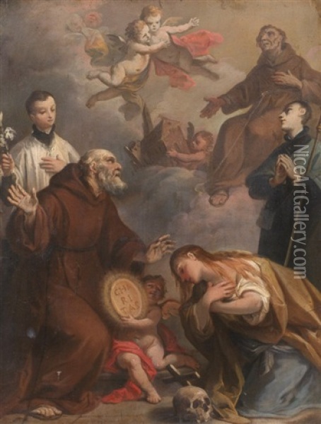 Presentazione Di Sant'antonio, Con San Luigi Gonzaga, La Maddalena, San Bernardino E Giovanni Nepomuceno Oil Painting - NIcola Bertuzzi