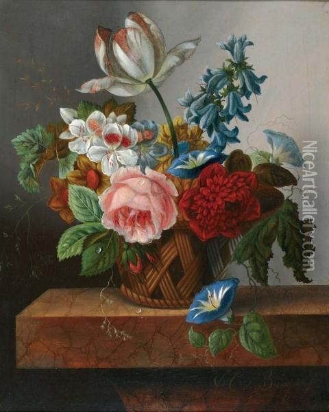 Stilleven Met Bloemen In Mand Oil Painting - Cornelis Johannes De Bruyn