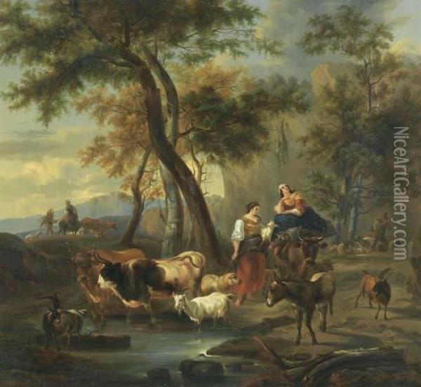 Bauerinnen Mit Vieh An Der Tranke. Oil Painting - Andras Markos