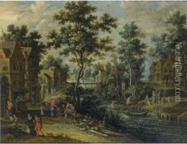 A Village Street In A Wooded 
Landscape With Villagers Drinking Outside An Inn, Other Figures On A 
Path Along The Riverside, An Elegant Company Halting Near A Ferry Boat Oil Painting - Pieter Gysels