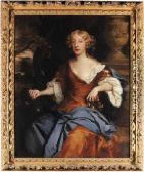 Portrait Of Ann, Lady Hales, 
Three-quarter-length, Seated, In Anochre Dress With A Blue Wrap, Holding
 A Small Garland Of Flowers Inher Left Hand And A Sprig Of Blossom In 
Her Right, Beside Aclassical Urn In A Wooded Landscape Oil Painting - Sir Peter Lely