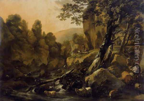 Herdsmen and Herds at a Waterfall c. 1665 Oil Painting - Nicolaes Berchem