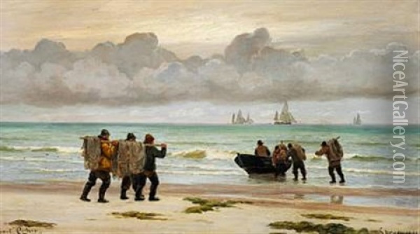 Fishermen On The Beach, Skagen Oil Painting - Carl Ludvig Thilson Locher
