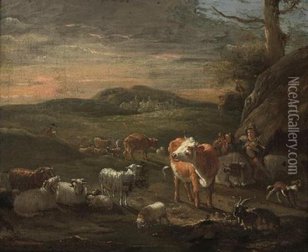 A Shepherd Piping With Other Shepherds Amongst Their Flocks Oil Painting - Michiel Carre