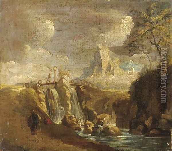 A rocky landscape with a waterfall and figures near a bridge Oil Painting - Giuseppe Zais