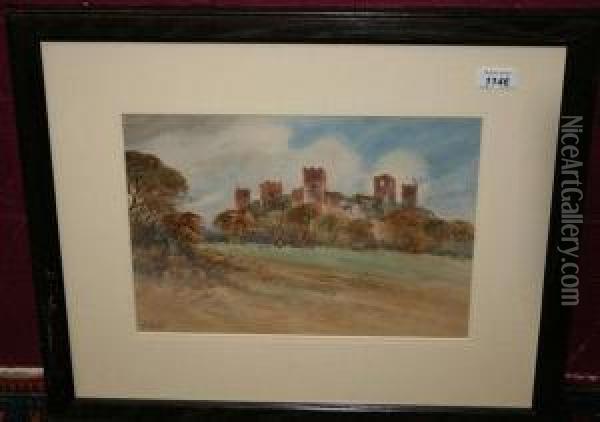 Figure Herding Sheep At The Foot Of A Hilltop Castle Oil Painting - Henry Woods