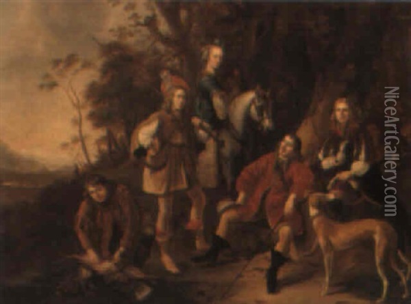 A Family Hunting Group In A Landscape Oil Painting - Ludolf de Jongh