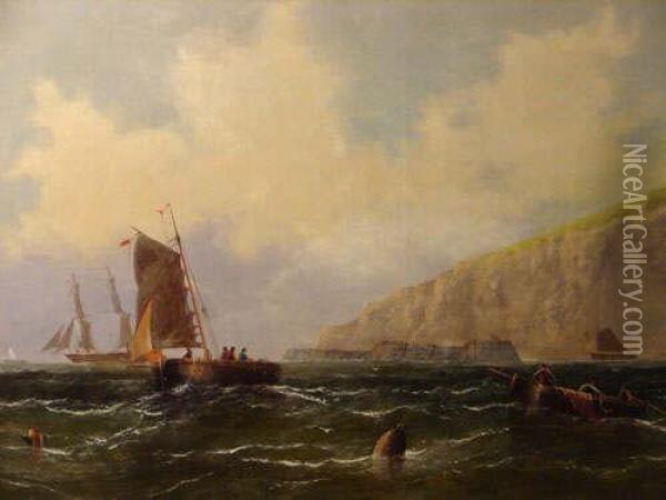 Coastal View With Fishermen & Boats Oil Painting - William Calcott Knell