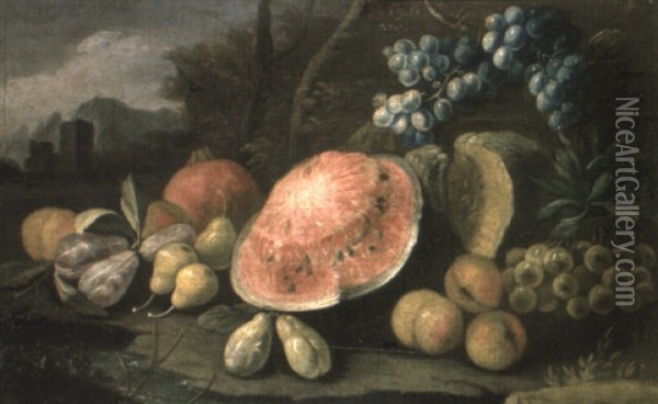 A Sliced Melon And Other Fruit In A Landscape Oil Painting - Abraham Brueghel