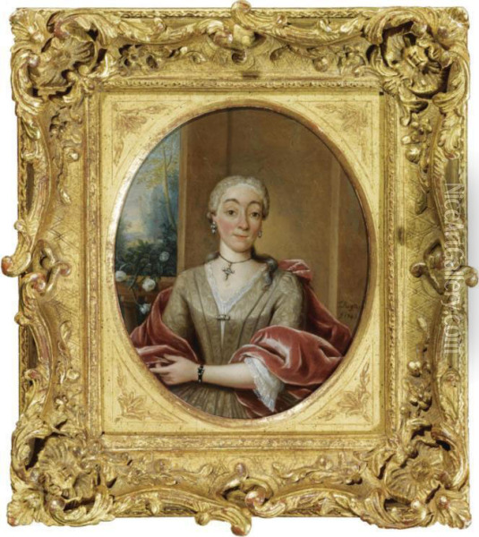 Portrait Of A Lady, Half Length, Wearing A Beige Dress And A Red Velvet Stole Oil Painting - Tibout Regters