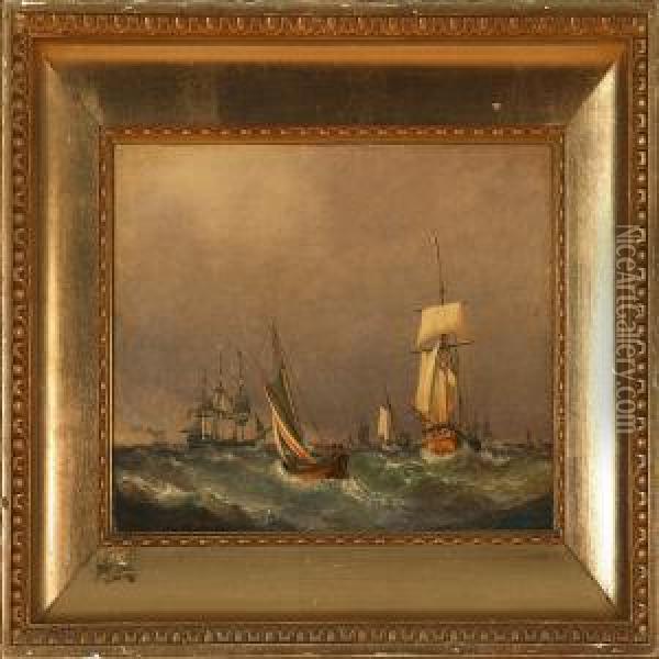 Marine With Several Sailing Ships In Rough Sea Oil Painting - Emanuel Larsen