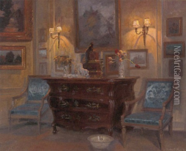 A Lamplit Interior Oil Painting - Robert Panitzsch
