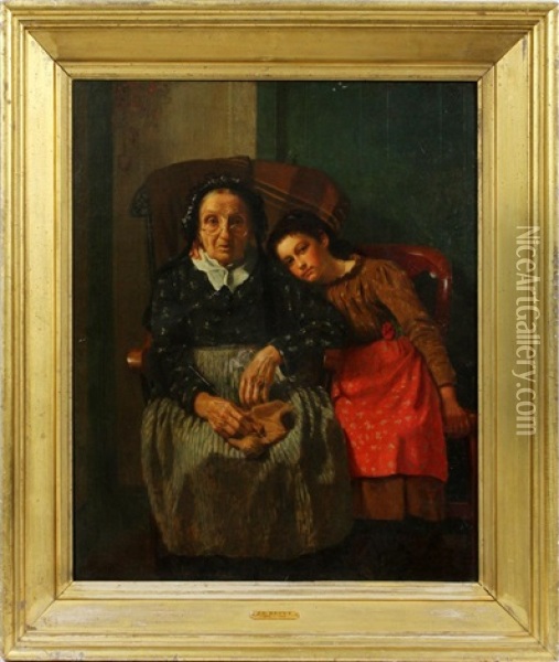 Genre Scene Depicting Grandmother And Loving Grand Daughter Oil Painting - John George Brown