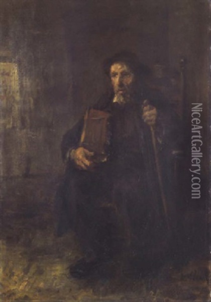 A Jewish Scholar Holding A Holy Book Oil Painting - Jozef Israels