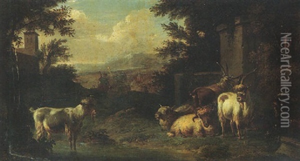 Sheep And Goats Resting By A Pool In A Classical Landscape Oil Painting - Johann Heinrich Roos