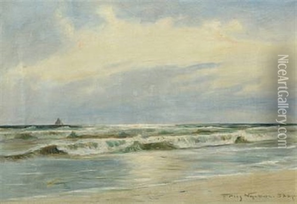 Coastal Scenery With Breaking Waves And A Sailboat In The Background Oil Painting - Poul Friis Nybo