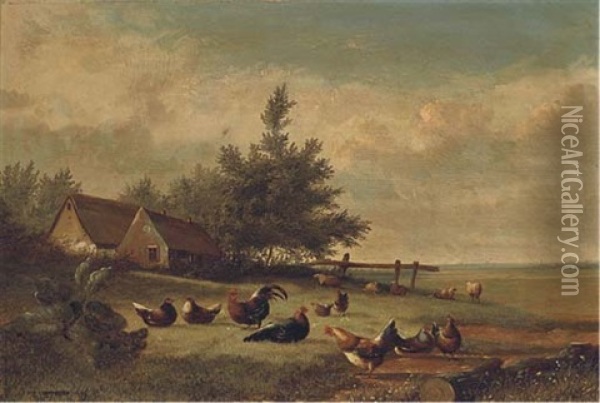 Hens And Cockerels Beside A Cottage With Sheep Beyond Oil Painting - Jean-Baptiste Leopold van Leemputten