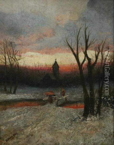 Church Steeple At Twilight Oil Painting - Edward B. Gay