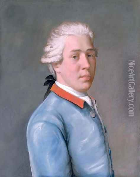 Portrait of a young Englishman, bust-length, in a blue velvet coat and red collar Oil Painting - Etienne Liotard
