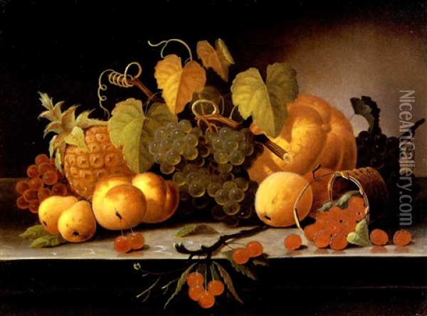 Still Life With Fruit, Melon And Pineapple On A Ledge Oil Painting - Samuel Marsden Brookes