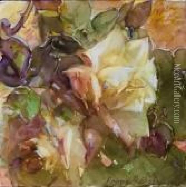 Decorative Tiles With Pink And White Roses Oil Painting - Franz Bischoff