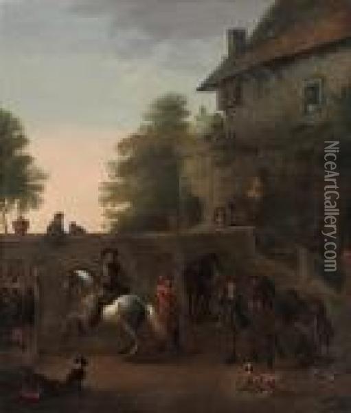 Riders In A Courtyard Oil Painting - Pieter Van Laer (BAMBOCCIO)