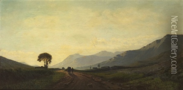 Extensive Western Landscape With Figures At Sundown Oil Painting - Augustus Nicholas Burke