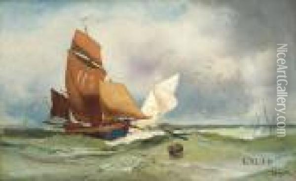 In Kustennahe Zwei Segelboote Auf Unruhiger See, Eines Davon Mit Roten Segeln Oil Painting - Charles Hoguet