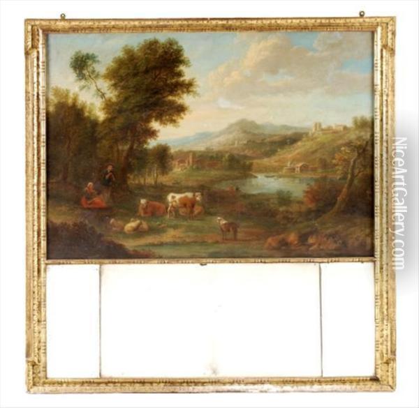 Heardsman With Cattleand Sheep In An Italianate Landscape Oil Painting - Michiel Carre
